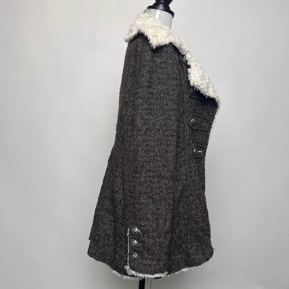 Y2K Forever 21 Brown Herringbone Double Breasted Faux Fur Trim Coat Womens Large - Picture 4 of 12